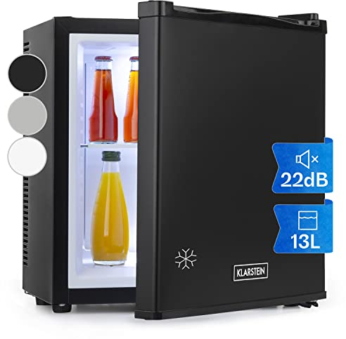 KLARSTEIN Mini Frigo de Chambre 13L pour Snacks et Boissons, Silencieux, Mini Bar, Réfrigérateur Camping, Cosmetique, avec Étagères Réglables, 5-15°C