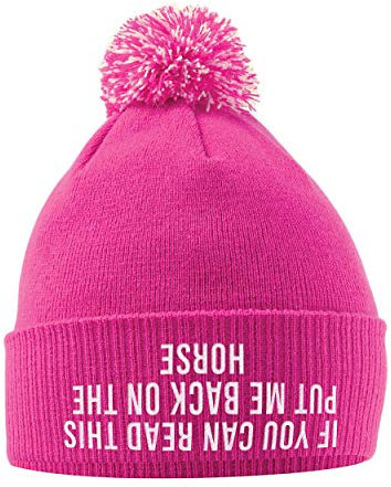 SaveThePeople If You Can Read This Put Me Back On The Horse Hat - Bobble Beanie Hat - Horse Riding Gifts for Girls - Winter Beanie Hat with Horse Slogan Embroidered On The Front Bright Pink