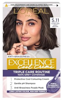 L'Oréal Paris Excellence Cool Crème Permanent Hair Dye, Radiant At-Home Hair Colour with up to 100% Grey Coverage, Pro-Keratin, Up to 8 Weeks of Colour, Colour: 5.11 Ultra Ash Light Brown