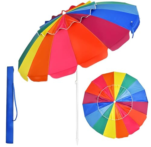 GYMAX Ombrellone da Spiaggia Antivento 220cm, Ombrellone da Mare Inclinabile e Portatile con Copertura Impermeabile e Resistente ai Raggi Solari UV, 16 Stecche (Colorato, 220CM)