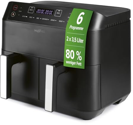 MAXXMEE Freidora de aire caliente doble cesta 7,6 litros | Freidora digital de aire caliente doble con dos compartimentos 2 x 3,8 litros, cocción simultánea de 2 comidas diferentes | 6 programas [2400