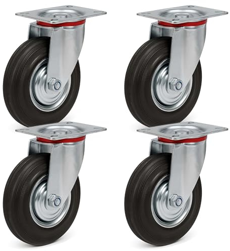 Länkhjul Set 4x Transporthjul 160 mm Gummihjul med Metallfälg och Monteringsplatta 130 kg per Rulle