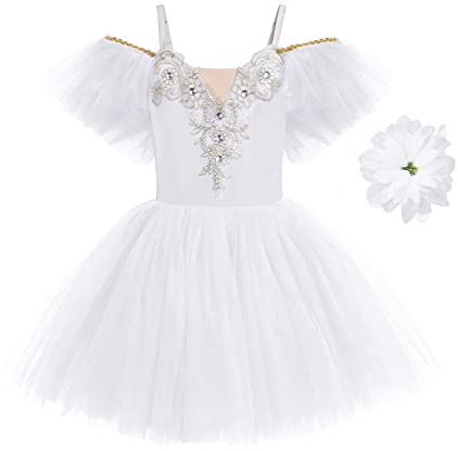 Vestido de Ballet para Niñas Mangas de Malla con Volantes Tutu Faldas Disfraz Bailarina Maillot de Danza Bordado de Flores Maillot Gimnasia Ritmica Niña Blanco 7-8 Años