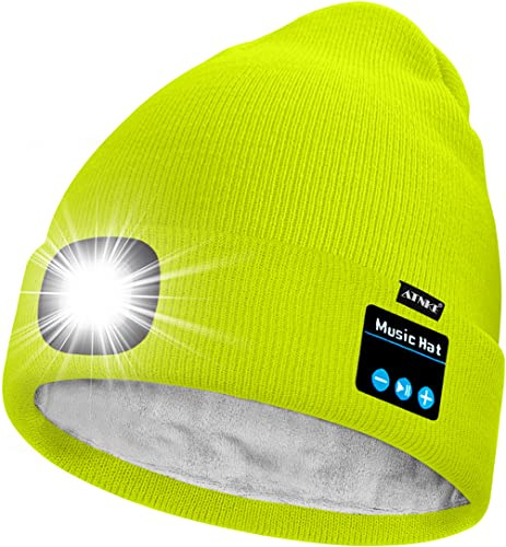 ATNKE Unisexe LED Bluetooth Bonnet Lampe Frontale,USB Rechargeable 4 LED Musique Parleur Chapeau de Course Lumière Chaud Polaire Doublée Tricot Bonnet Cadeaux pour Hommes et Femmes/Flucent Yellow