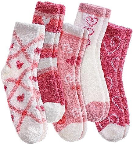 SDBING Fuzzy Socks for Women Soft Fluffy Home Sleeping Socks Cozy Warm Slipper Socks 6 or 5 Pairs (5 Pairs Pink Hearts)