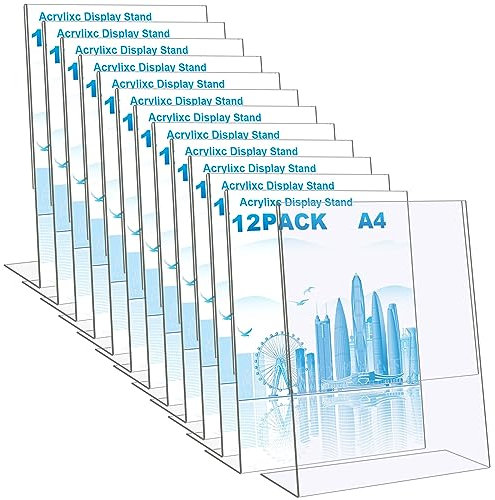 AKOLAFE 12 Pack A4 Acrylic Sign Holder A4 Plastic Display Stand Perspex Display Stands Leaflet Holder Acrylic Stand Up Display Stand Menu Holder for Tables,Restaurant, Store, Hotel and More