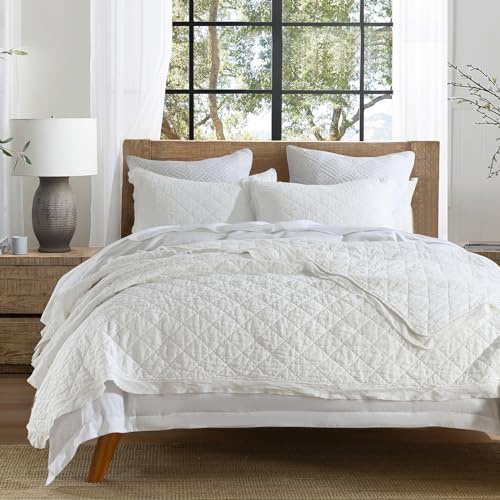 HORIMOTE HOME 100% Linen Front/100% Cotton Back Quilt Set King Size, White Pre-Washed European Flax Linen Quilt, Diamond Stitch Bedspread Coverlet Bedding Set 3-Piece for All Seasons