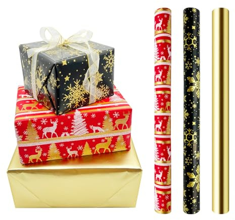 3 rollos de papel de regalo para Navidad: 43 cm x 3 metros, papel de regalo reciclable para Navidad, cumpleaños, bodas, Halloween, festivales, envoltura de regalos
