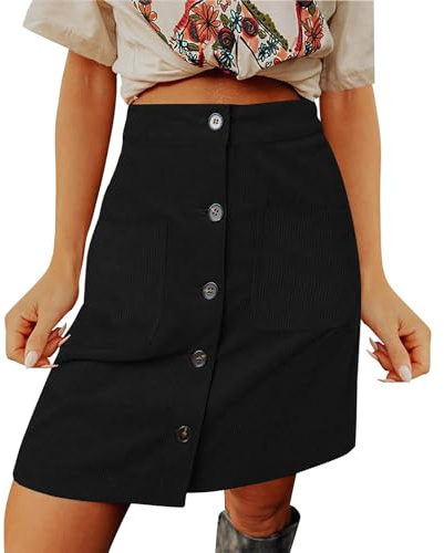 Cordrock - Falda de invierno para mujer, largo hasta la rodilla, longitud hasta la rodilla, falda midi de pana con botón en la cintura, minifalda corta para otoño, falda de lana, elegante, falda