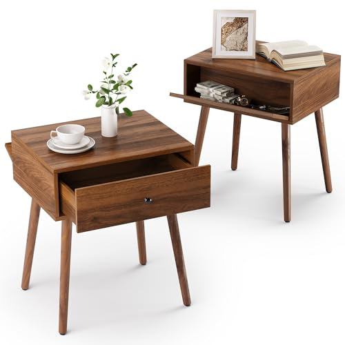 LUE BONA Nachttisch,Modern Couchtisch Beistelltisch,Mit Versteckten Fächern und Nachttischschrank 2er Set,Holzbeine,für Schlafzimmer und Wohnzimmer,Walnuss
