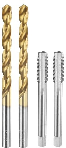 sourcing map Tap and Drill Bit Set, 2pcs M8 x 1 Metric Straight Flute Thread Screw Taps & 2pcs 7.0mm Twist Drill Bits, Uncoated/Titanium Coated HSS-6542 Tapping Threading Tool Kit