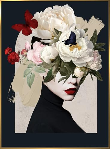 STYLER Bild med ram Bea 50 x 70 cm – porträtt av kvinnor med röda blommor och pioner – modern lyxig väggdekoration – högkvalitativ gyllene ram redo att hängas upp – kvinnlig blomsterkonst