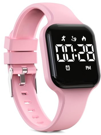 Focwony Kids Digital Watch Pedometer Waterproof Fitness Tracker Wrist Watch with Pedometer LED Display Stopwatch for Boys Girls Teens (Pink)