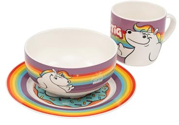 United Labels Pummel & Friends Pummeleinhorn - Vajilla de 3 piezas (porcelana, plato de 19 cm de diámetro, taza de 220 ml y cuenco de 330 ml)