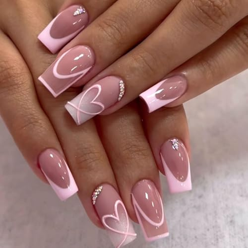 Medium Press on Nails Square Glue on Nail Light Pink French Fake Nails