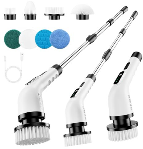 PKBD Elettrico Scopa Rotante, 2025 Upgrade Spazzola Elettrica Senza Filo Impermeabile con 8 Testine, Display Digitale, 3 Velocità, Manico Allungabile per Vasca, Piastrelle, Pavimenti