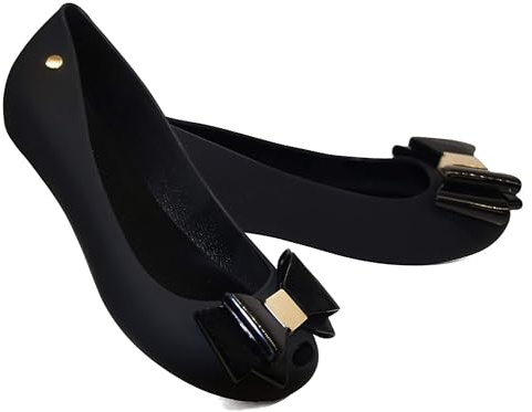 Gizelle Womens Black Jelly Ballerina Pumps with Bow - Ladies Comfy Slip-On Casual Wear Every-Day Jelly Ballet Flat Shoes, 6 UK