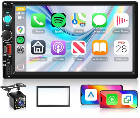 Hodozzy 2 Din Autoradio con Bluetooth Wireless Carplay e Android Auto, 7 Pollici Touch Screen 2 Din MP5 Stereo Auto con Schermo Radio FM, Mirror Link Riproduzione Video Tipo-C/USB/TF con Retromarcia