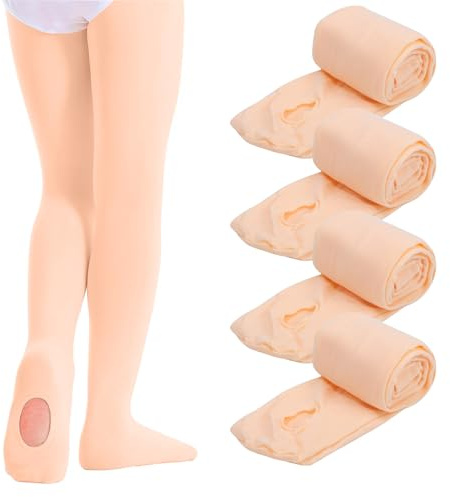 Mayoii 4 mallas de ballet convertibles 80D para niñas, color rosa, medias de baile de color piel, mallas de ballet suaves para clase o actuación, Piel melocotón, 146-170