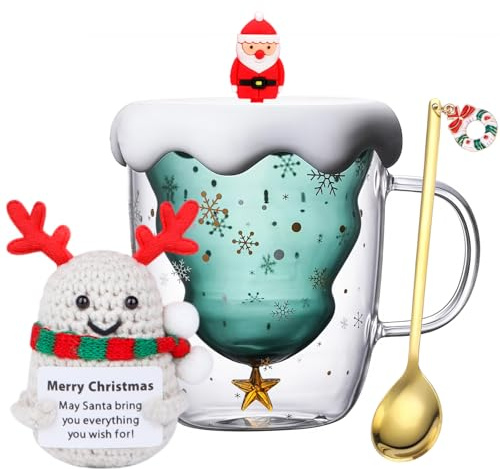 JORTINE Julmugg presentset, jul kaffekopp 300 ml med söt julpotatisdocka Hug positiv gåva, dubbla väggiga julglas för bästa vännen syster kollega mamma