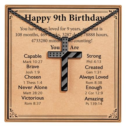 ESPVO 9 Year Old Boy Birthday Gifts Cross Necklace Decorations Christian Religious Jewelry Best Gifts Kids Teenage Chain Stuff Black