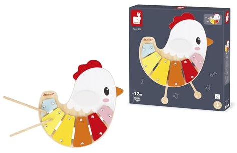 Janod - Xylophone pour Bébé dès 12 Mois en Bois et Métal - Instrument de Musique Enfant - 6 Touches et 2 Baguettes incluses - Jouet d'Imitation et d'Éveil Musical - Peinture à l'eau -Dès 12 Mois