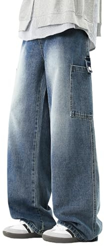 PADOLA Jean Homme Baggy Taille Elastique avec Bouton Pantalon Cargo Multi-Poches Loose Fit Jeans à Jambe Large Décontracté Y2K Pantalon de Travail Coupe Droite Denim Streetwear