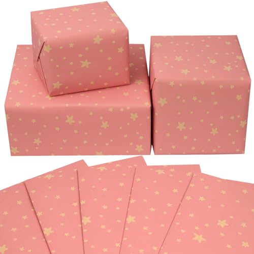 5 feuilles de papier cadeau rose 50 x 70 cm, recyclable, imprimé étoiles, idéal pour les anniversaires, mariages, la Saint-Valentin et Noël.