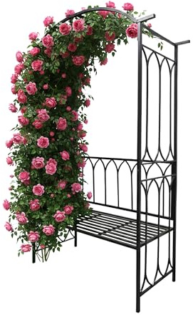 Relaxdays Arco de Rosas con Banco, Arco de jardín, Altura de 210 x 134 x 48 cm, Arco para Plantas trepadoras, Metal, Negro