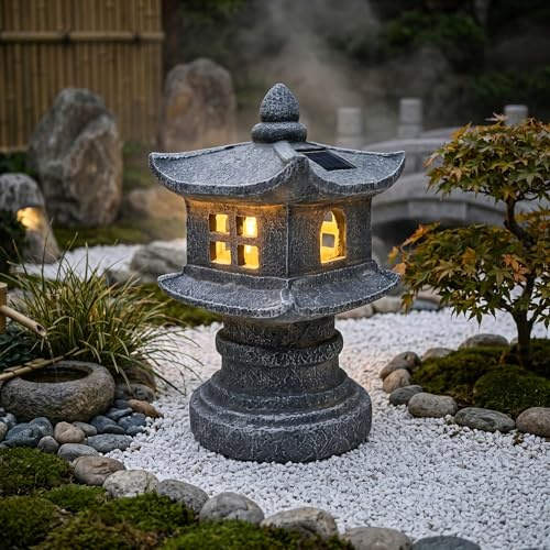 Faticenic Pagoda trädgårdsstaty, japanska sollyktor, soldriven Pagoda trädgårdsstaty, japansk stenlykta i harts för utomhusgräsmatta, uteplats, dekor, grå, stenlyktor