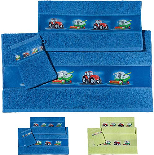Erwin Müller Kinder Handtuch-Set, Frottier-Set 3-TLG. Traktor blau Größe 70x110 cm + 50x70 cm + 15x21 cm - 1 Handtuch, 1 Badetuch, 1 Waschhandschuh - kuschelig weich, saugstark