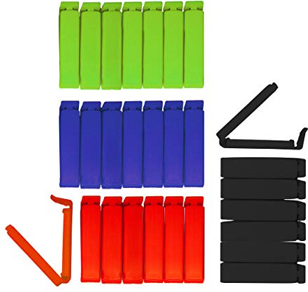 BUNEO Hawaii Tütenclips (28 Stück) | 28 Verschlussclips/Beutelklammern/Clips, jeweils 7 Stück in rot, grün, blau und schwarz sowie mit 6 cm Länge, Cliptastisch funktionale Qualität