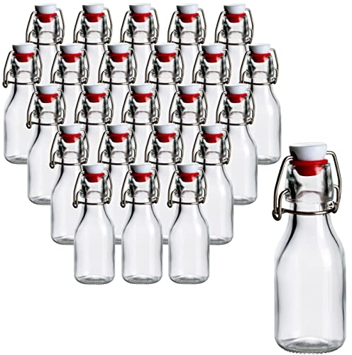 gouveo 24er Set Glasflaschen 100 ml rund mit Bügelverschluss - Kleine Bügelflasche zum Befüllen - Bügelverschlussflasche für Likör, Schnaps, Saft, Öl (BFR100)