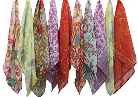 Mango Gifts Indian Silk Sari Square Scarf, Soft Floral Printed Scarves, Lightweight and Breathable, Multipurpose Perfect for Headbands Set of 10 Pieces Mix Colurs and Style 20 x 20 Inches