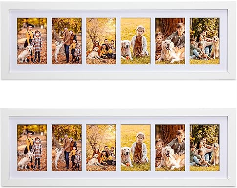 Chunful 2 Pcs 28.4 x 9.5 Inches Collage Picture Frames for Wall Multiple 4 x 6 Inch Wood Picture Frame Display 6 Opening Multi Photo Frame with Acrylic Screens Horizontal and Vertical(White)