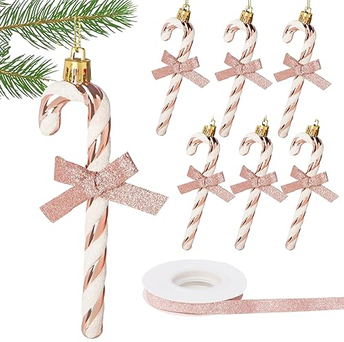 6Pz Bastoncini Zucchero Ciondoli Natalizi Pendenti Albero di Natale Nastro Fiocco Decorazioni da Appendere Ghirlanda Accessori Addobbi Casa (Oro rosa)