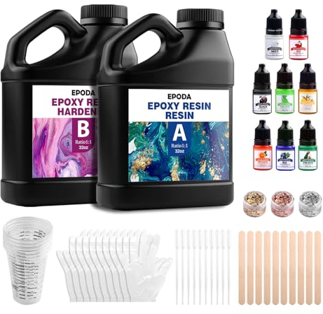 EPODA Epoxidharz Set, 64oz/1.9L Epoxy Resin, Epoxidharz mit Härter, Epoxidharz Set Anfänger - Bonus Messbecher, HolzstäBchen, Handschuhe, Farbe, Goldfolie und Tropfpipette