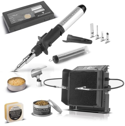 STAHLWERK Gas-Lötkolben GLK-500 ST mit 200-500°C Löttemperatur und 1.300°C Flammdüse im Komplett-Set | Lötstation | Lötgerät | Lötpistole mit Lötabsaugung, Lötkolbenreiniger und Lötpaste