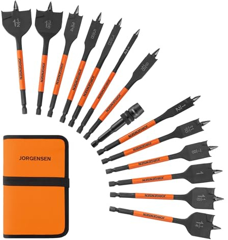 Jorgensen 14-Piece Spade Drill Bit Set with Quick-Load Connector, High-Performance Carbon Steel Paddle Bits for Woodworking, Self-Feeding Threaded Tip, Assorted Bits 1/4 to 1-1/2 with Storage Pouch