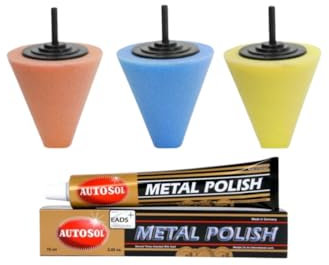 Lux Metal - Kit Polissant 3 Cônes Éponge (Arance, Bleu, Jaune) + 1 Métal Polish Autosol - Nettoyage et Polissage des Chromés, Peintures, Métaux et Aluminium pour Finition Parfaite