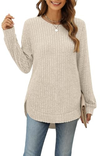 Aokosor Ladies Jumpers for Women UK Long Sleeve Tops Side Split Women Jumpers Curved Hem Ladies Tunic Tops Womens Jumper 14-16 Beige