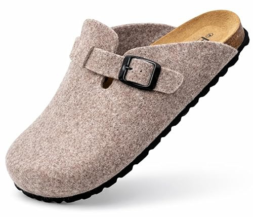 GONKOS®, ullfiltträskor, anatomisk innersula gjord av äkta läder och naturkork, jungfrulig ull, tofflor av filt för kvinnor och män, tofflor Mules Slip On, hög kvalitet tillverkad i Spanien