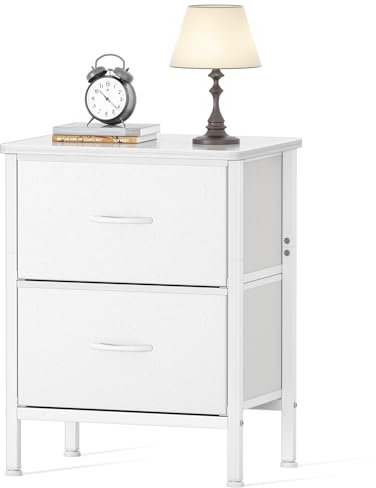 HOMIDEC Nachttisch, Beistelltisch mit Metallrahmen und 2 großen Stoffschubladen für Schlafzimmer, Wohnzimmer, Weiß, 42 x 30 x 55 cm