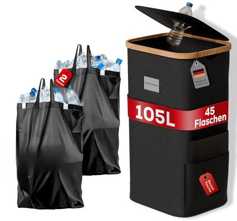 PFANDORA® 105 l, contenitore vuoto per cucina, casa e giardino, pieghevole, lavabile, con porta etichette e 2 sacchetti interni XXL, raccoglitore per bottiglie e raccolta differenziata, colore: nero