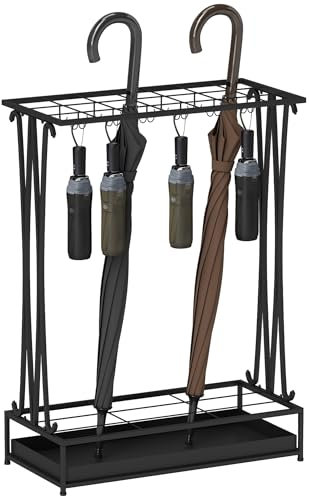 HOMCOM Paragüero Moderno Rectangular Soporte de Paraguas de Acero con 24 Ganchos 21 Espacios y Bandeja Recogegotas Extraíble Paragüero para Entrada Oficina 50x24x68 cm Negro