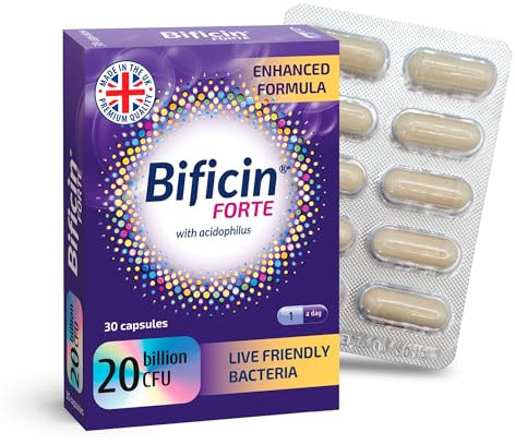 Bificin Forte - Probiotics and Prebiotics for Gut Health, 30 Capsules -20 Billion CFU -10 Live Bacterial Cultures: Lactobacillus Acidophilus, Lactis, Rhamnosus & Bifidobacterium Longum, Breve, Bifidum