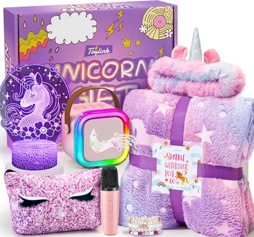 Cadeaux Licorne pour Filles 6 7 8 9 10 Ans Machine Karaoké Enfants Micro avec Haut-Parleur Couverture Lumineuse Licorne Veilleuse Bandeau Bracelet Cadeau Anniversaire Filles Jouet