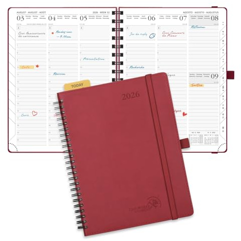 POPRUN Calendar 2026 Vertical Spiral Planner, 22x16.5cm, Soft Cover, Agenda 2026 with Adhesive Pen Holder, Vegan Leather and 100 GSM Thick Paper, Red Wine