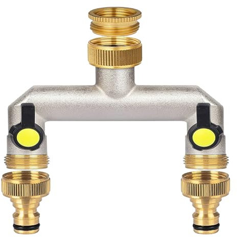 Brass Garden Hose Splitter, 1/2 inch and 3/4, 2 Way Tap Connector with On/Off Valves and Extended Handle, Hose Pipe Splitter Wide can Mounting Two Water Timer Meanwhile (2-Way)