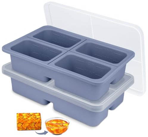 BEIJIE Ice Cube Tray with Lid, 2 Pcs Large Silicone Freezing Soup Containers, Soup Freezer Tray for Storing and Freezing Food, Curries, Leftover Prep - Makes 8 Giant 1 Cup Portions Cubes (Blue Gray)